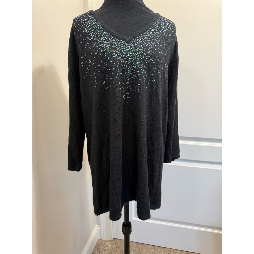 Crystal-Kobe Sweater Womens 0X Black Iridescent Sequin V-Neck LS